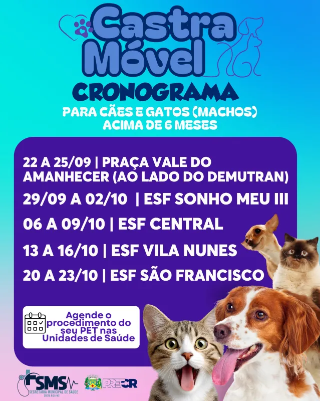 Imagem de compartilhamento para o artigo Prefeitura de Costa Rica divulga cronograma do castramóvel para cães e gatos da MS Todo dia